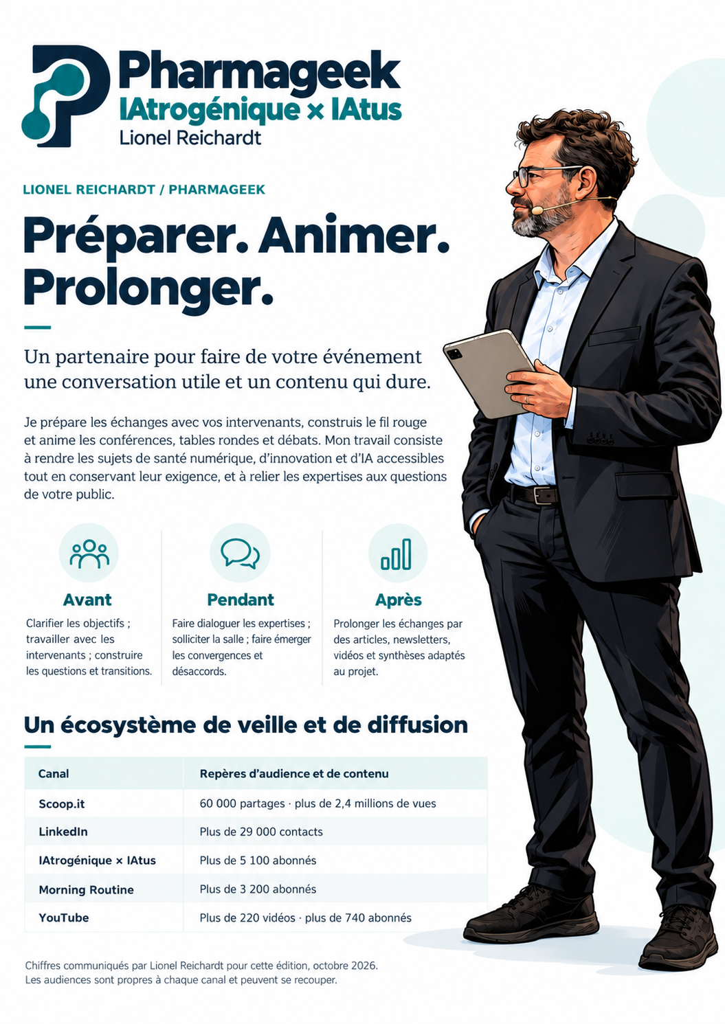 Illustration de Lionel Reichardt, lunettes et micro, animant un événement de santé.